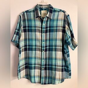 Tasso Elba Island Men’s Button Front Short Sleeve Shirt, L, Blues/Beige, Plaid